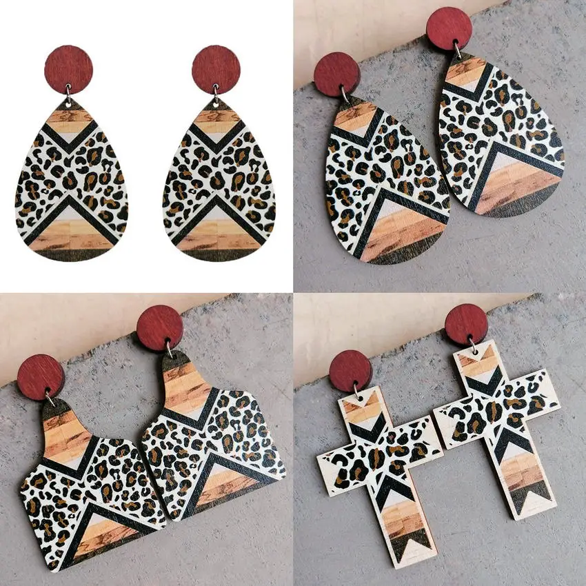 Chevron Leopard Print Wooden Cross Cow Earrings Funny Gifts for Best Friends Southwestern Style Cow Tag Shaped Wood Earrings