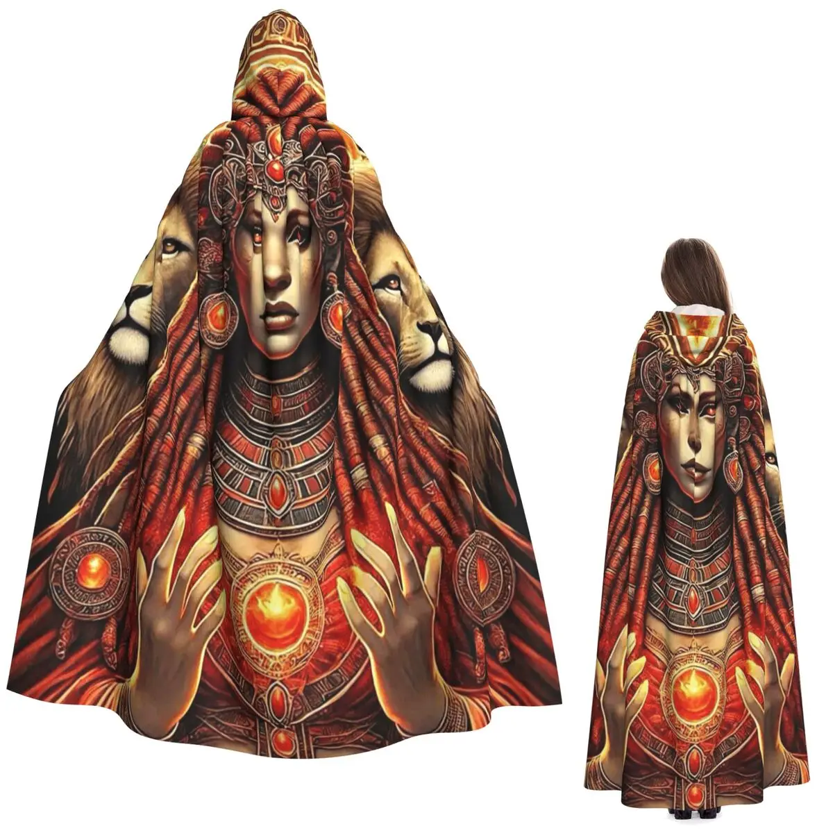 

Egyptian Pharaoh Tutankhamun Attire Lioness And Anubis Long Hooded Cloak Witch Medieval Costume Cosplay Cape HalloweenCoat