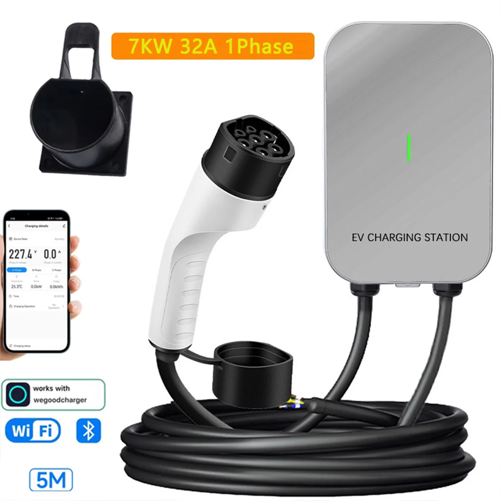 

5M 7KW 32A EV Indicator Wall Charger For New EV Wall-mounted EU AC Charging Pile With APP Control Delay Timer Waterproof
