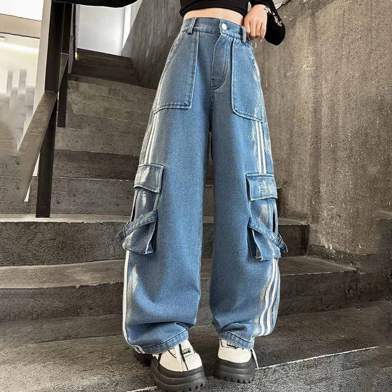 

Spring Loose Elastic Waist Teenage Wide Leg Pants Streetwear Kids Trousers Graffiti Side Stripes Design Cargo Jeans for Girls