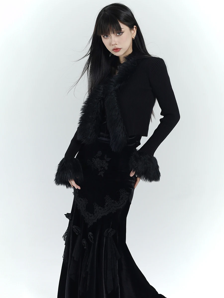 

Ghost Girl Bla Knitted Sweater Coat Women Thi Soft Fur Collar Knitted Outerwear Cool Rich Girl Clothing Street Sle