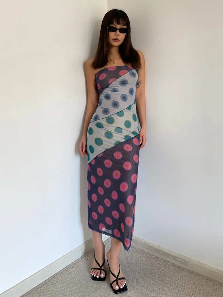 2024 Summer New Dopamine Spicy Girl Sexy Wave Spot Halo Dye Colored Slim Sling Dress Pure Desire High Elastic Long Dress F046