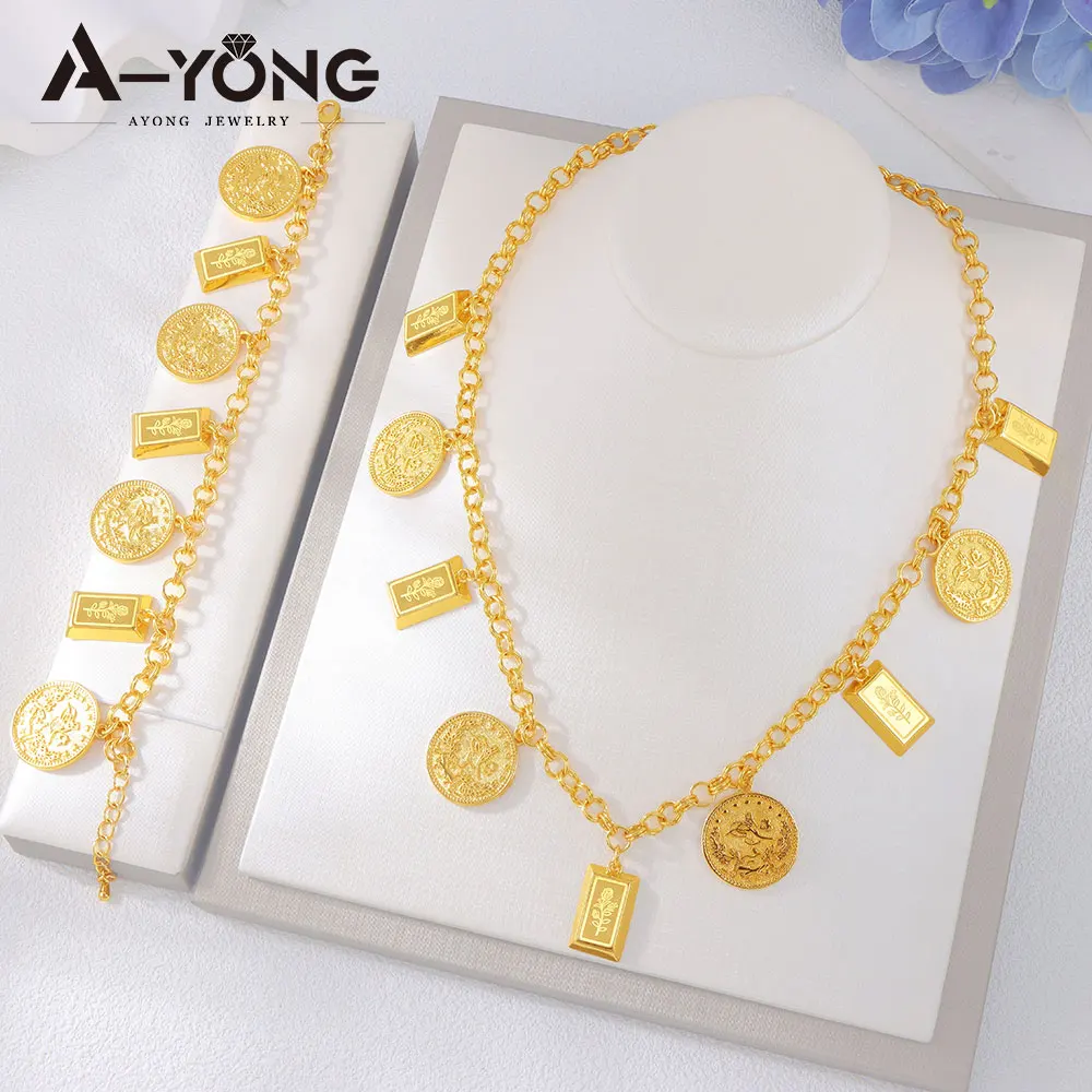 

Dubai Fashion Coins Jewelry Set 24k Gold Plated Nigeria Bridal Wedding Necklace Bracelet Middle Eastern Women Vintage Jewelrys