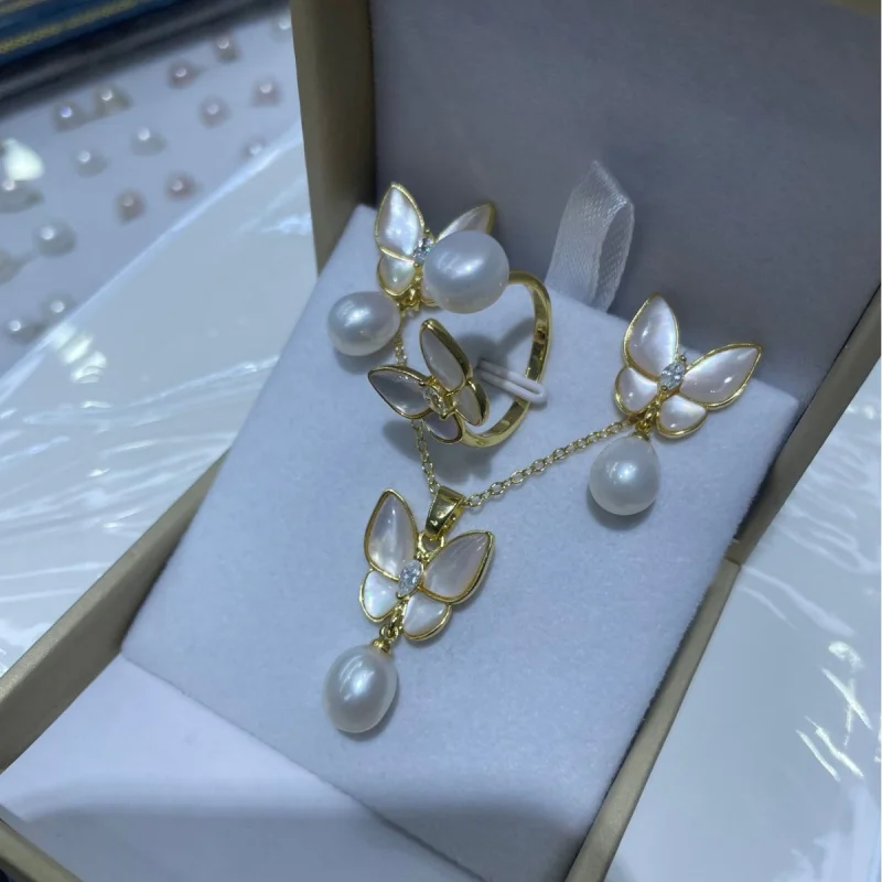 

Mother-of- Inlaid Bow Natural Freshwater Pearl Set for Women Summer 8-9mm French Light Luxury Collarbone Chain Earrings