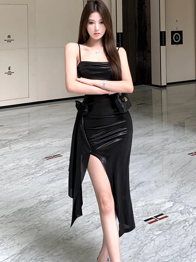 

Women Korean Vintage Hepburn Luxury Dress Summer Black Sling Sexy Slit Dress 2025 Elegant Pleated Bodycon Party Dress and Events