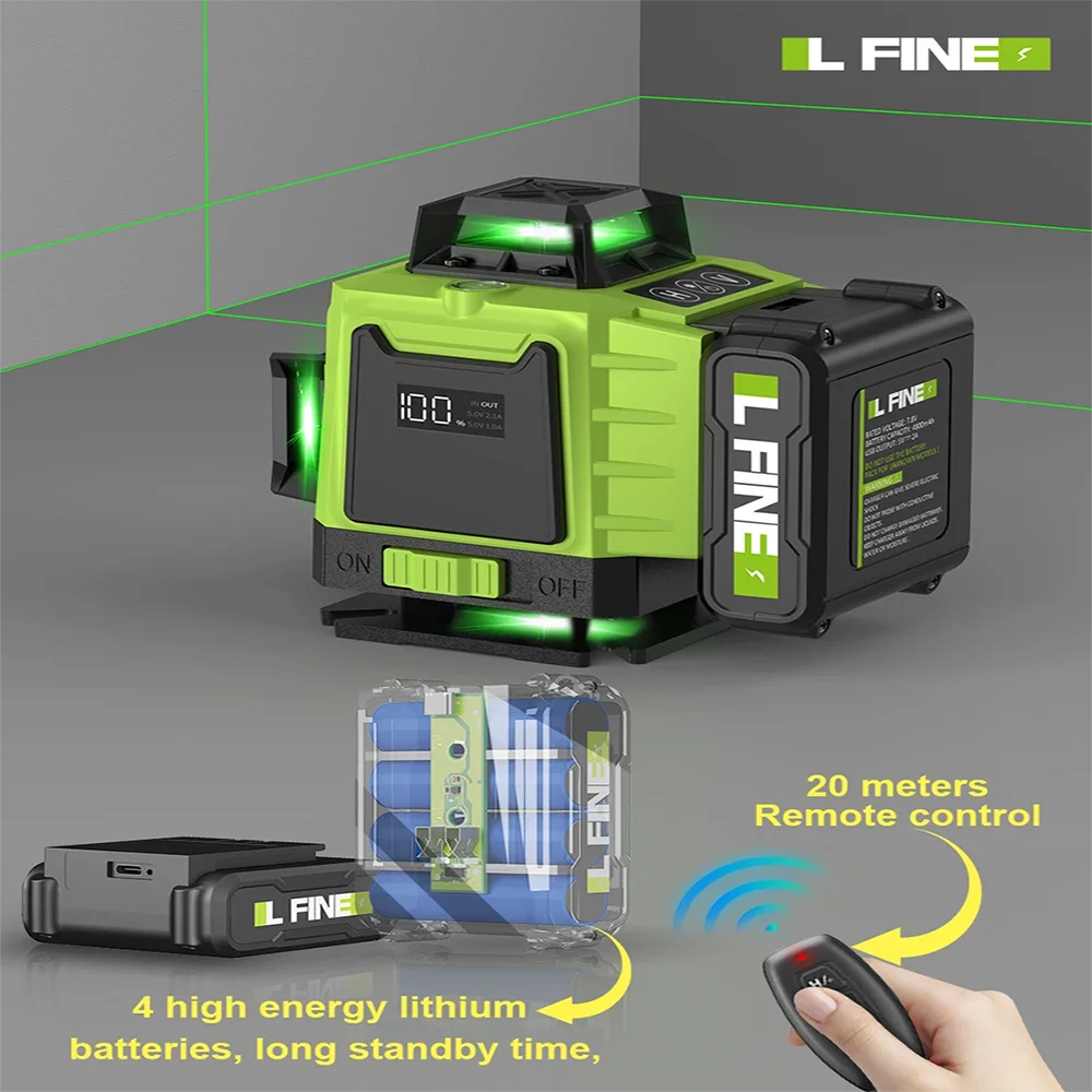 LFINE 3D/4D Laser Level 8/12/16 Lines Horizontal And Vertical With Remote Control 8 Lines 360°Self-leveling Laser Levels