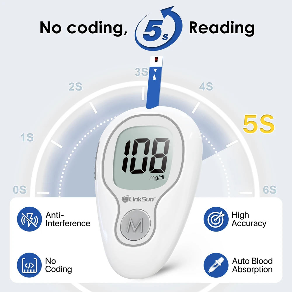 LinkSun G-425-3 Misuratore di glicemia Glucometro Set completo Diabete medico Monitor per zucchero nel sangue Kit completo Strisce reattive per glucosio