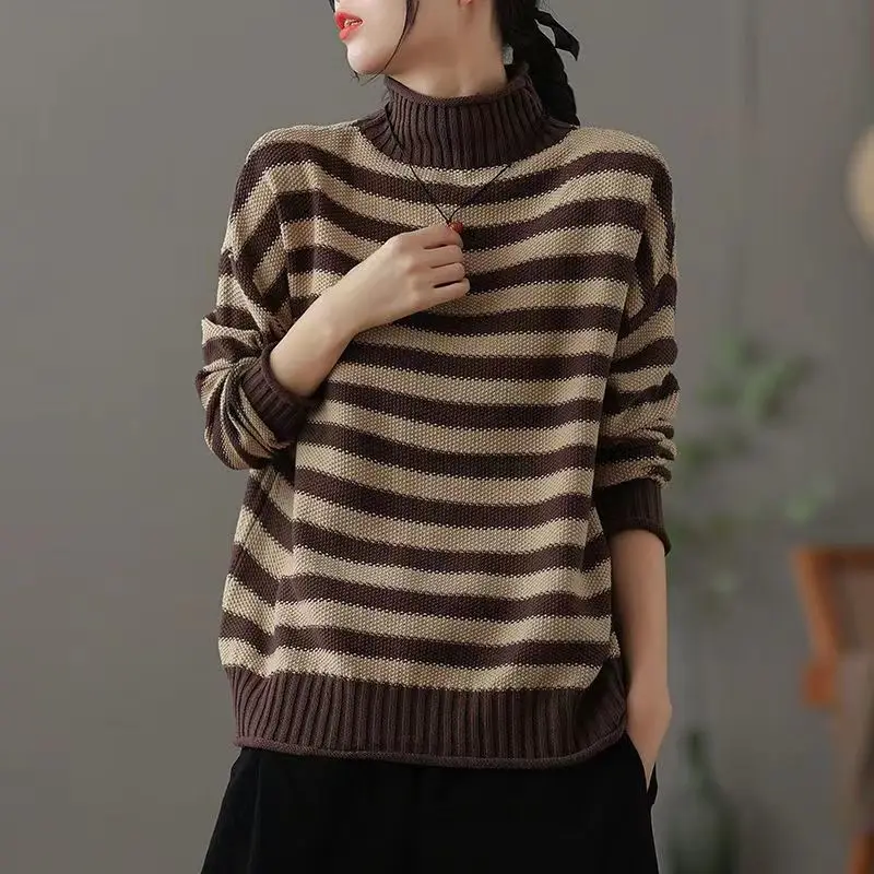 Fashion Stand Collar Spliced Casual Striped Sweaters Women\'s Clothing 2023 Winter Loose Knitted Commuter Pullovers Korean Tops