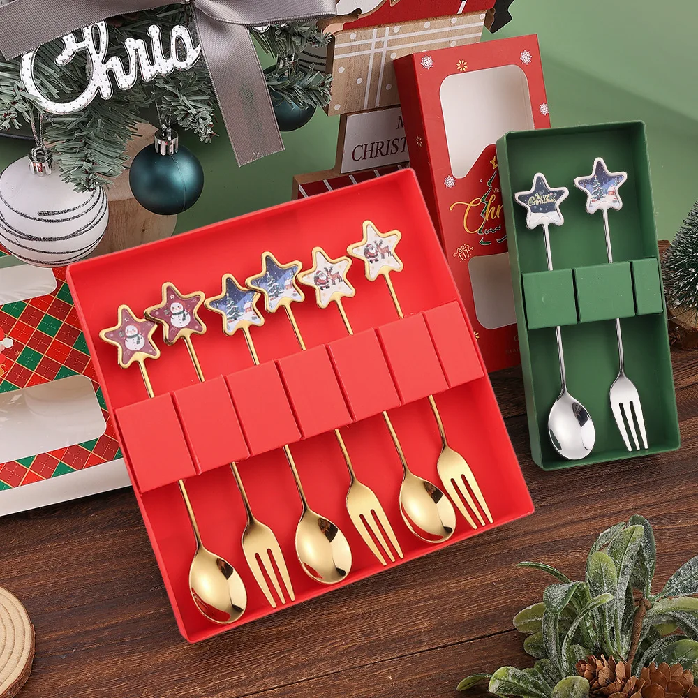 2PCS/4PCS/6PCS Weihnachten Löffel Set Edelstahl Pentagramm Dekorative Geschirr Geschenk Box Weihnachten Dessert gabel Löffel Set