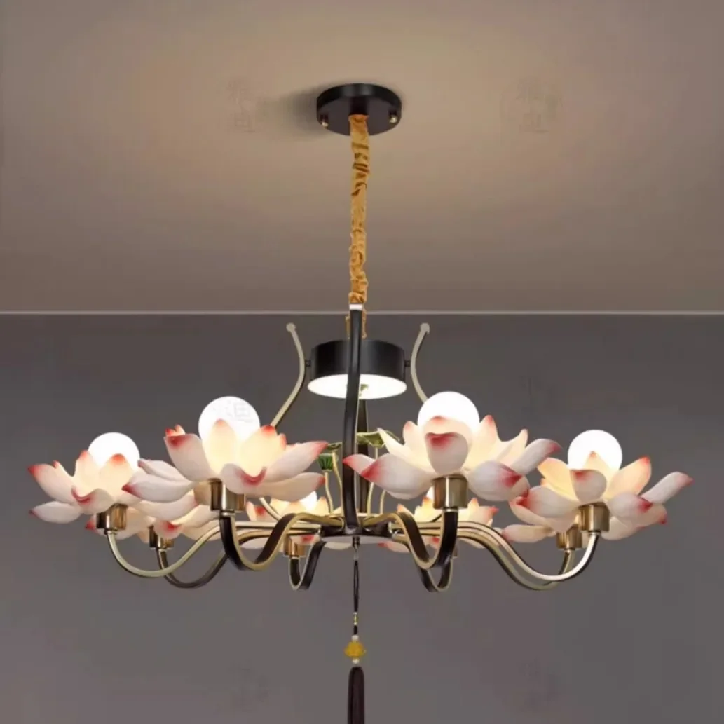 Buddhist hall new Chinese chandelier Chinese style art living room lamp Zen tea room creative lotus retro temple lotus lamp
