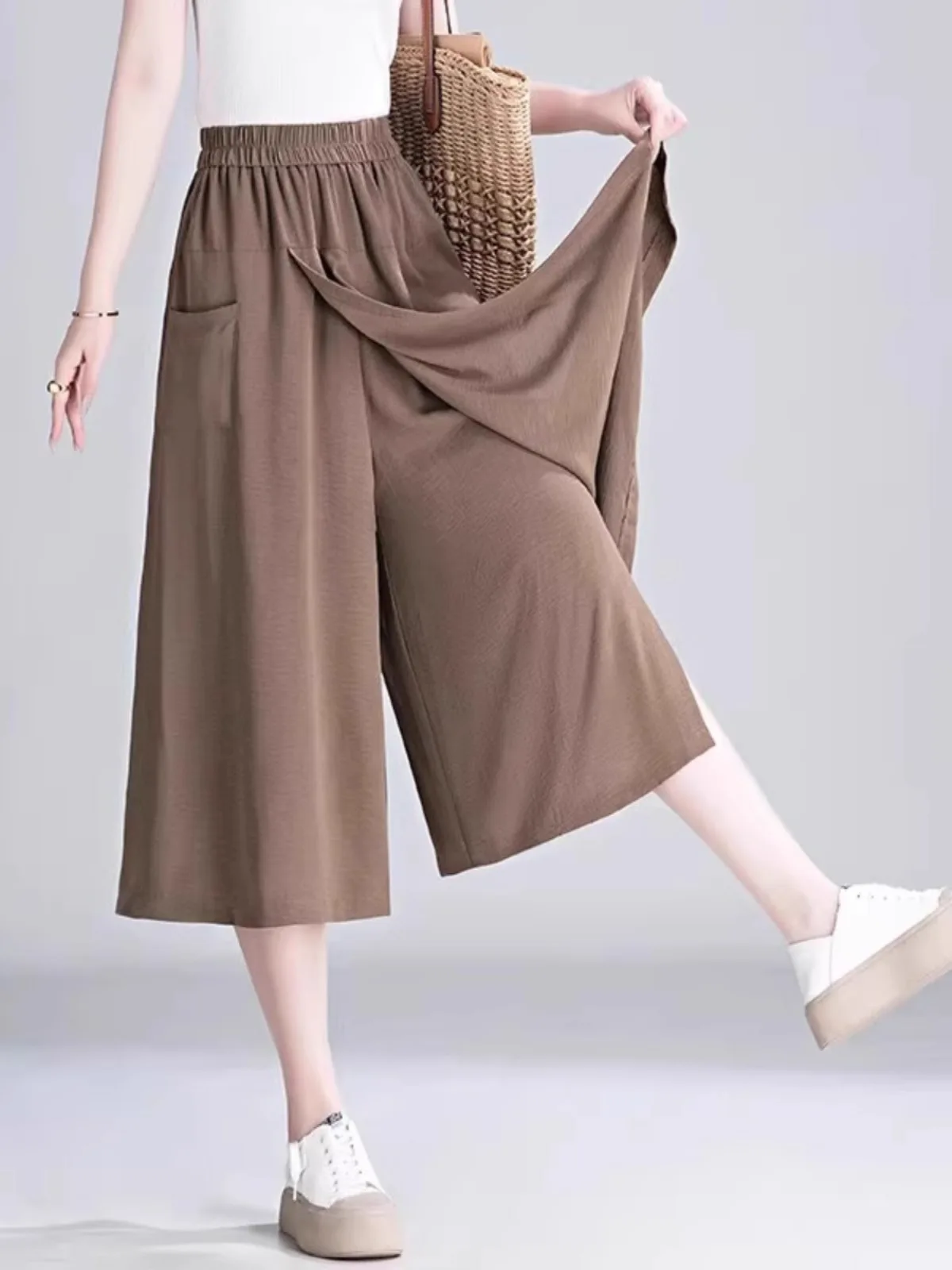 

Casual Ice Silk Wide Leg Pants Skirt Women Summer Thin Loose High Waist Draped Seven-Foot Skirt Pants Commute Style Pocket De...