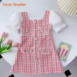 Bear Leader Girls' Clothes Summer New Fashion Bubble Sleeve Plaid Dress Retro Button Lace Dress Girls' Fashion Clothing