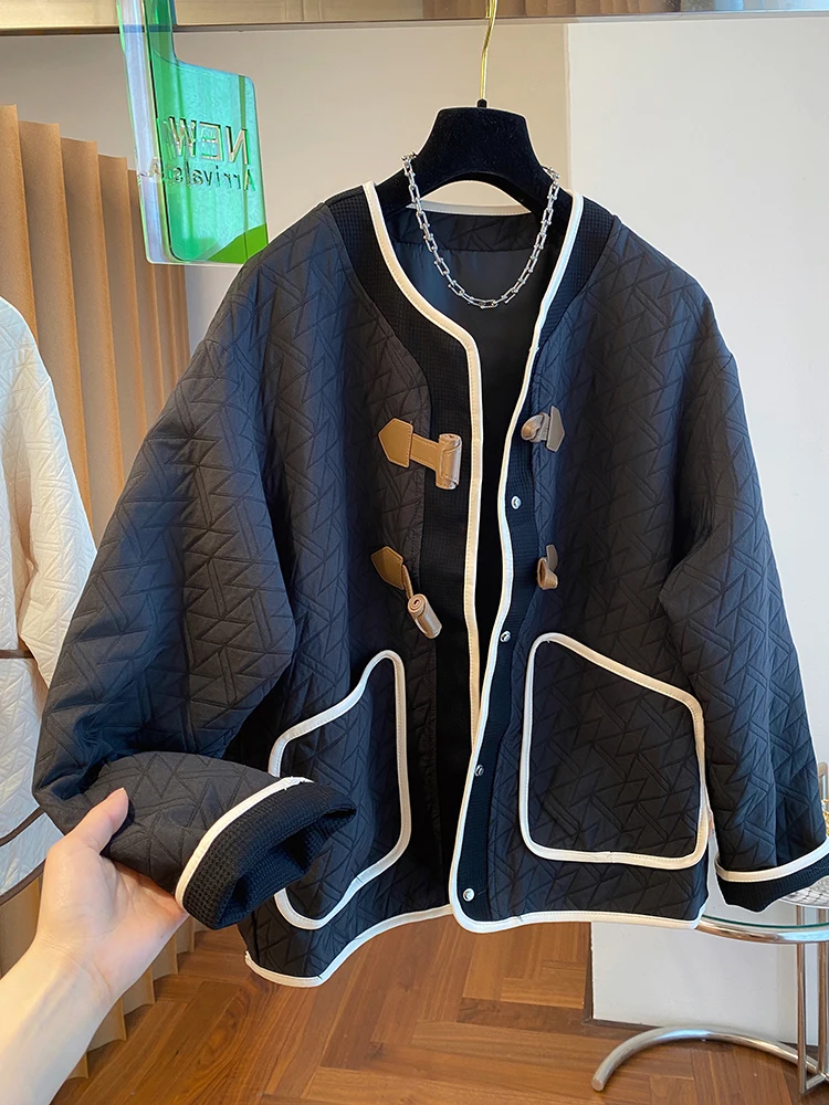 

Spring 2024 Women's Loose Fit Rhombus Pattern Jacket Korean Style Big Size Button up Cardigan Outerwear Fashionable plus Size