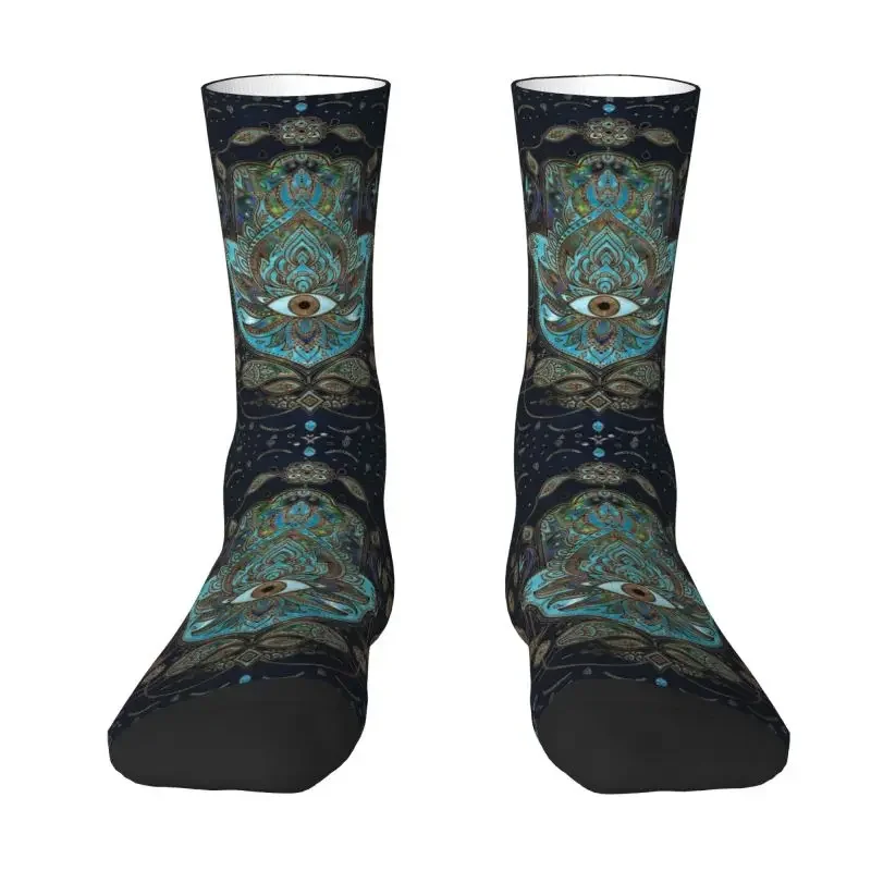 Funny Hand Of Fatima Blue Gemstones Socks Men Male Women Warm Breathable 3D Print Hamsa Hand Evil Eye Sports Basketball Socks