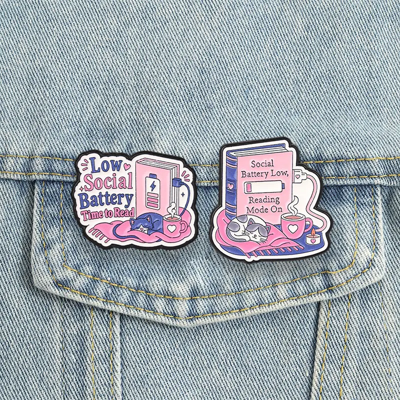 Low Social Battery Badge Sleeping Cat Book Coffee Reading Mode Enamel Pins Cartoon Introvert Brooch Gift Accessories