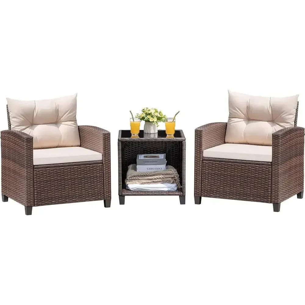 3-Piece Outdoor Wicker Patio Furniture Set with Two Chairs and Table for Garden, Poolside, Balcony
