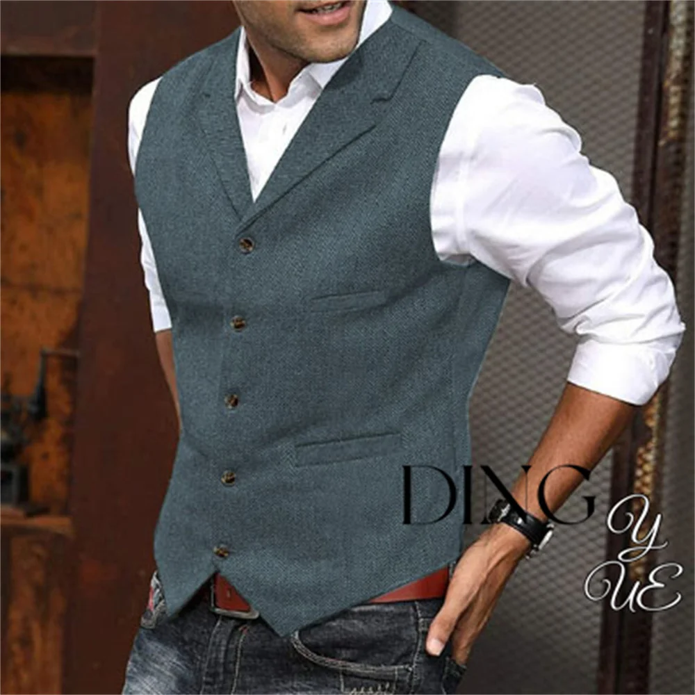 Terno masculino colete moda xadrez lapela único breasted colete com bolso negócios casual formal colete topos roupas masculinas