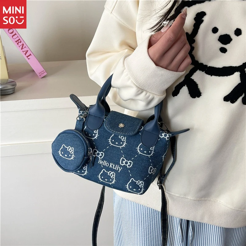 Miniso Denim Kitten Print Bag 2025, Cute Dumpling Hobo Purse with Crossbody Strap