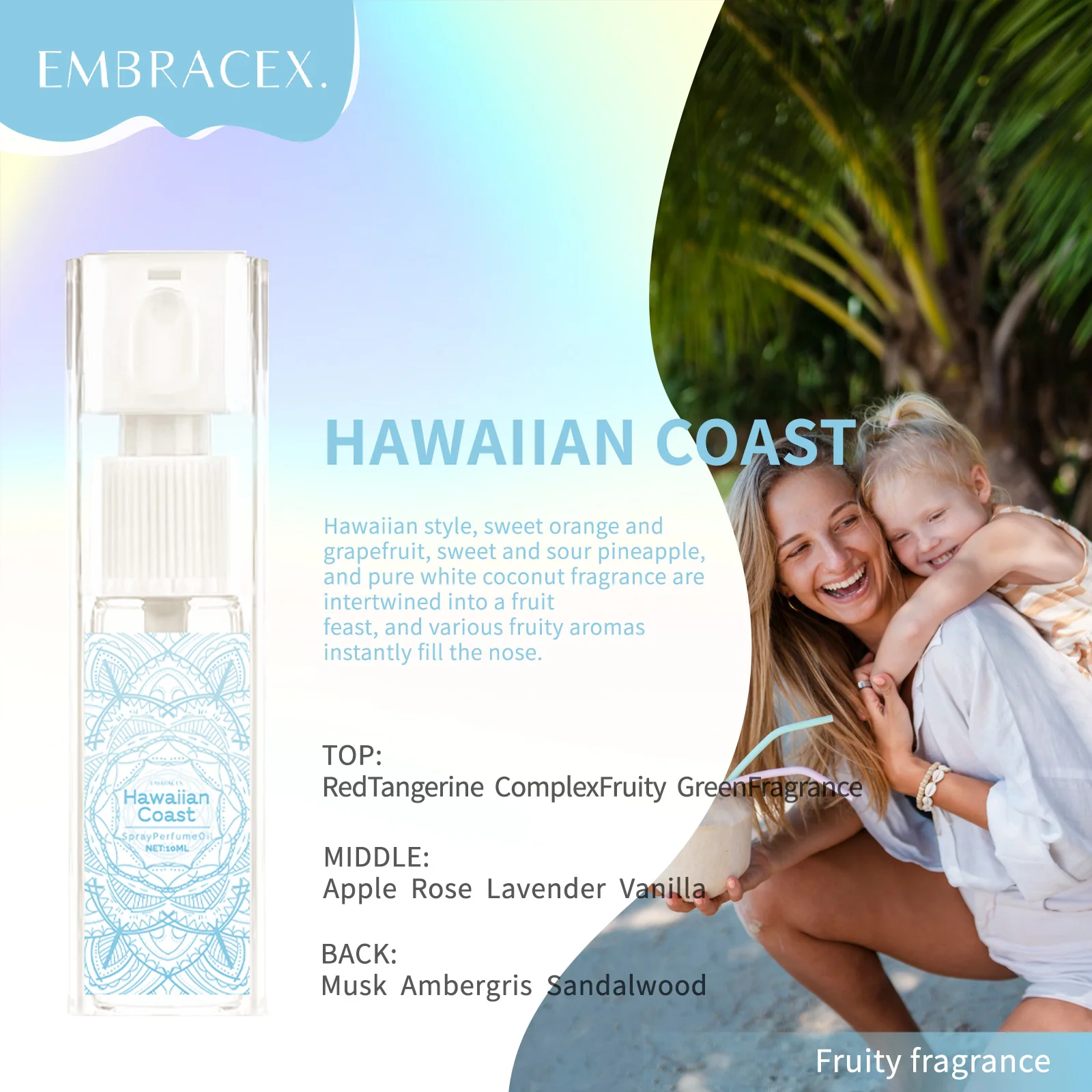 

10ml Hawaiian Coast Essential Oil Perfume Spray Natural Fragrance Spray for Home And Fabric Long-lasting Scent With Fruit Gift
