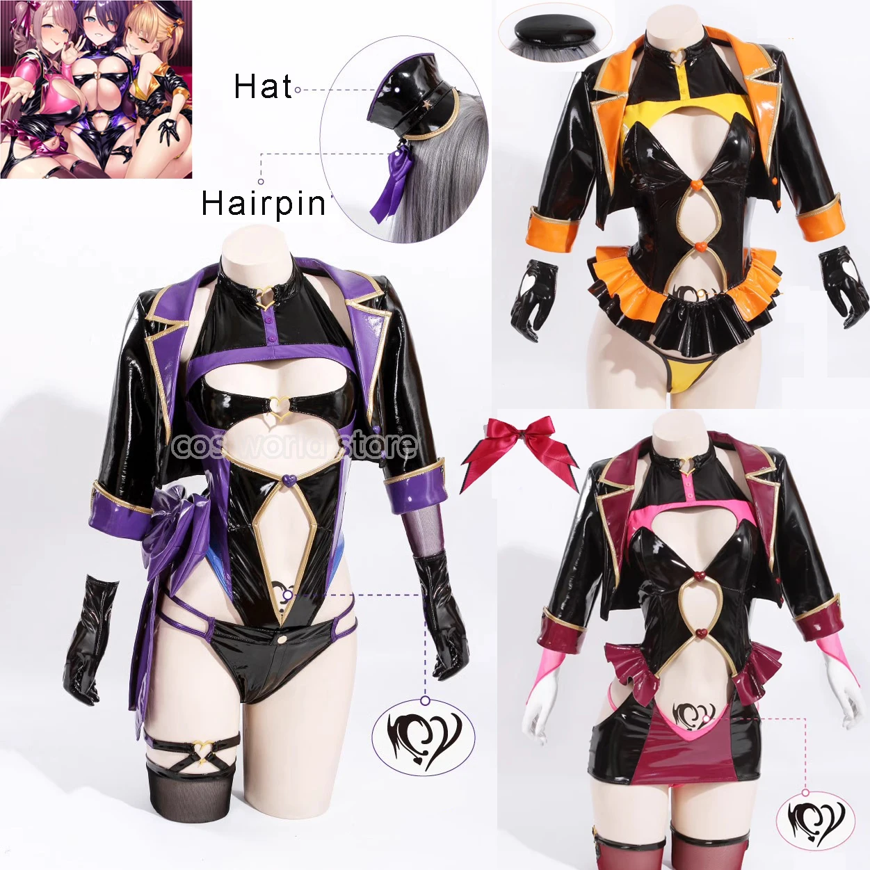 Anime Kizuna AI Patrietta Trainee Singing Cosplay Costume Women Sexy Leather Hollow Bodysuit Coat Socks Hat Suits Party Uniforms