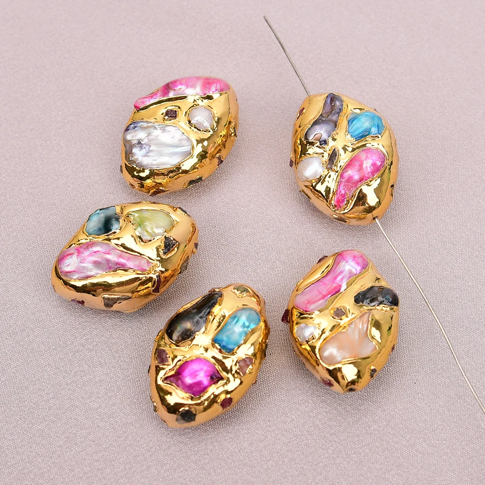 APDGG No044 5 Pcs Gold Edged Mix Color Baroque Shell Beads Jewelry Making Accessories