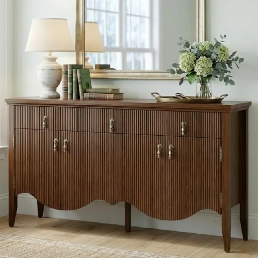 57 Fluted Sideboard Buffet for dining room, solid wood, walnut brown, vintage-inspired storage with smooth-gliding drawers and