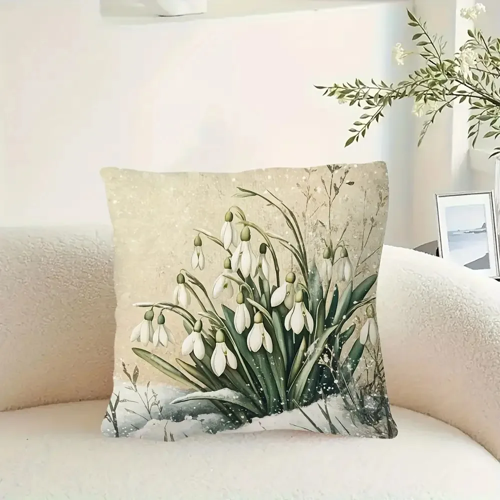 1pc Vintage Snowdrop Flower Pillow Cover, Polyester 2D Double-Sided Print, Winter Snow Flower Botanical Art, Cottagecore Home De