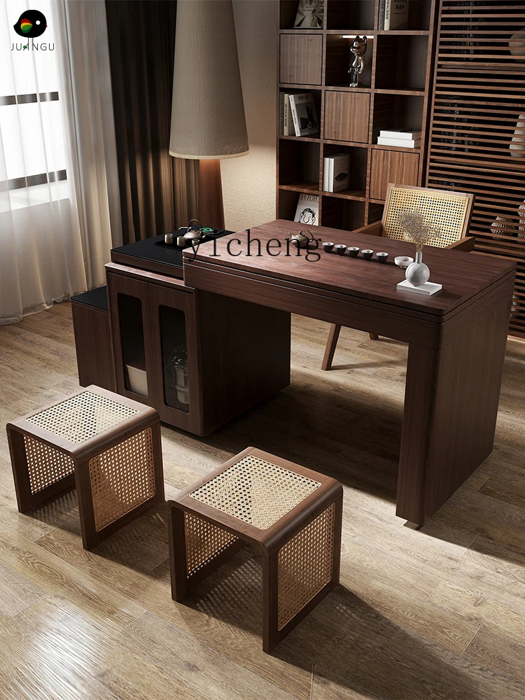 

solid wood movable tea table rotating tea table folding dining table chair drinking tea chair combination