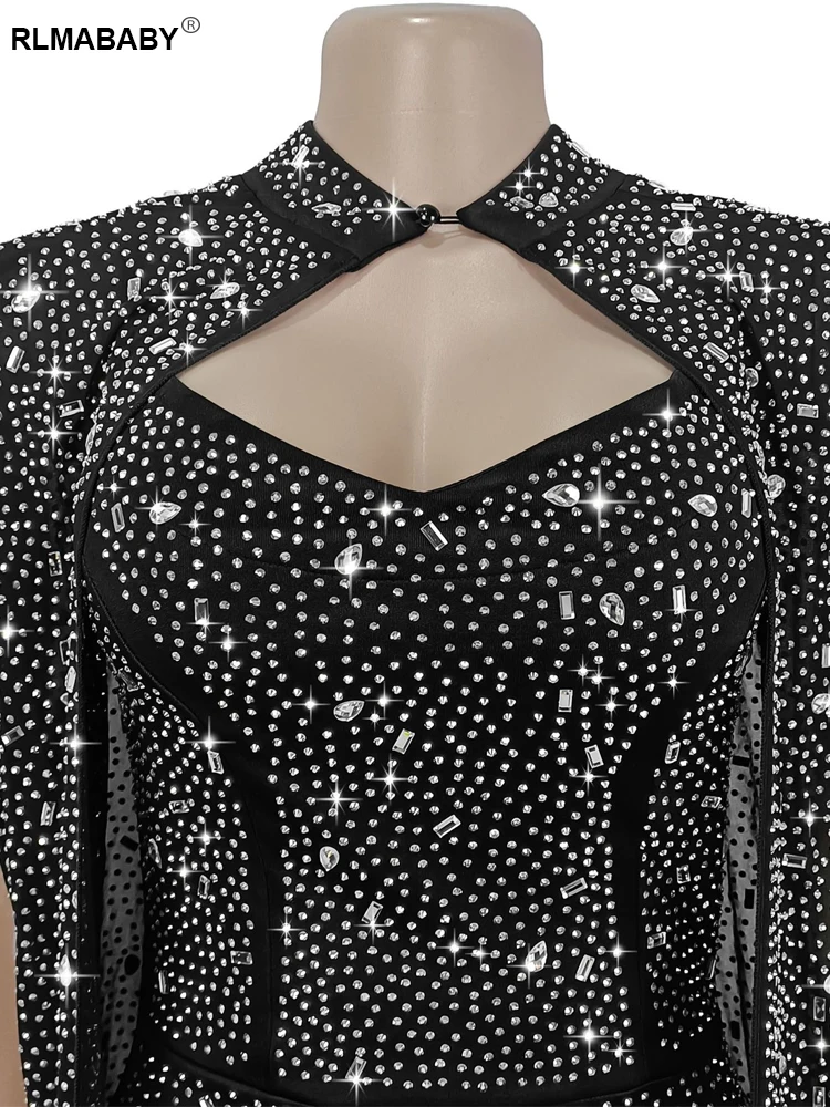 RLMABABY Seksowna Sukienka z Diamentami, Dwuczęściowy Zestaw Damski, Sukienka Bodycon na Cienkich Ramiączkach z Odkrytymi Plecami i Przezroczysta Peleryna, Pasujące Komplety Sukienek