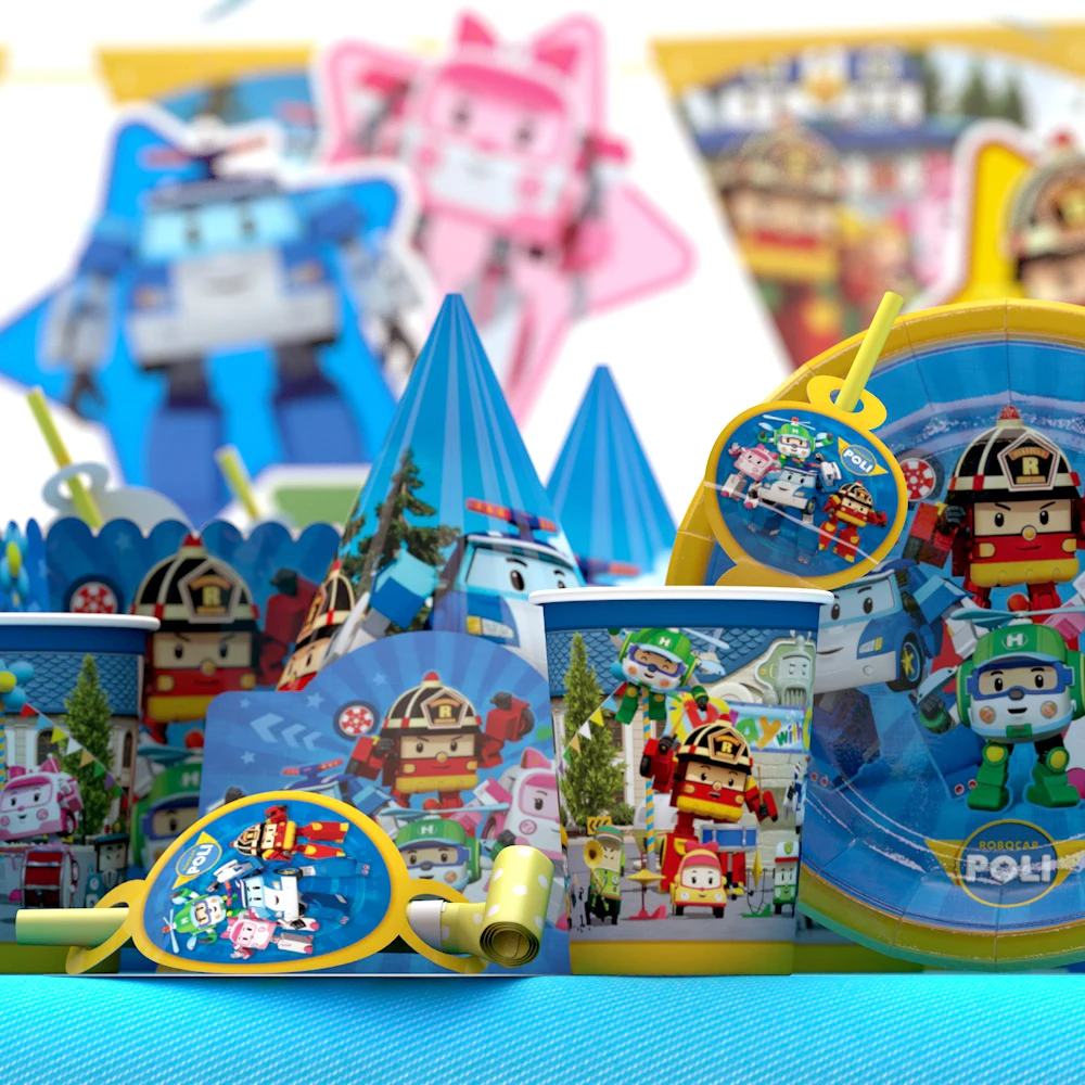 Robocar украшение для дня рождения Robocar Polis тематические принадлежности для вечеринок автомобиль детский душ наборы посуды тарелки баннер соломенный подарок для мальчика