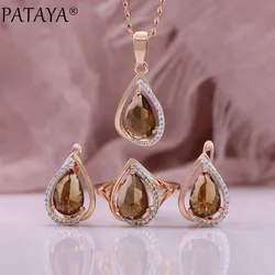 PATAYA Light Brown Water Drop Natural Zircon Rings Earrings Necklace Pendant Set for Women 585 Rose Gold Color Jewelry Sets