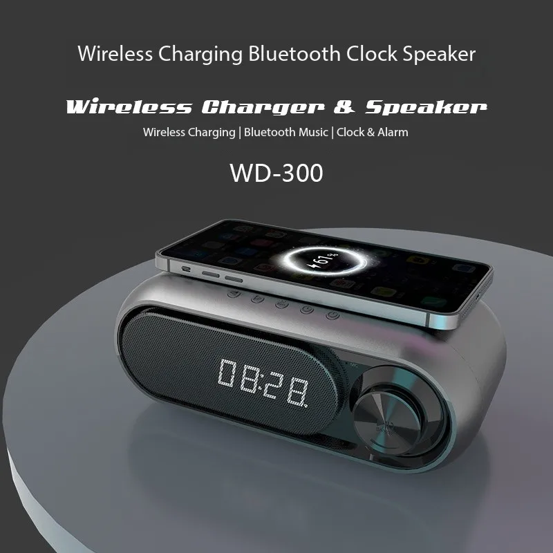 

Multifunction Portable Wireless Charging Column Alarm Clock Stereo Sound Music Player FM Radio Bluetooth Speaker Built in Mic