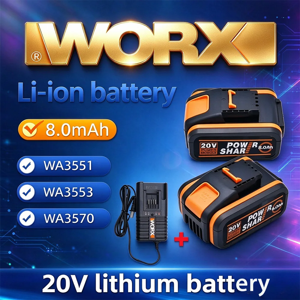 WORX 20V 8.0Ah Rechargeable Lithium Battery WA3553 WA3551 WA3553 WA3570, Compatible with All WORX 20V Power Tools