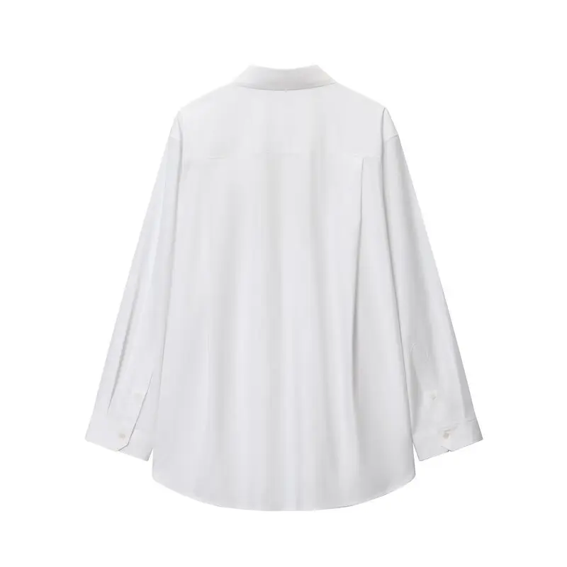 Biała, luźna, długa bluzka damska z mieszanki bawełny, modna, jesienna, nowość, uniwersalna, elegancka, kolekcja jesień 2025.