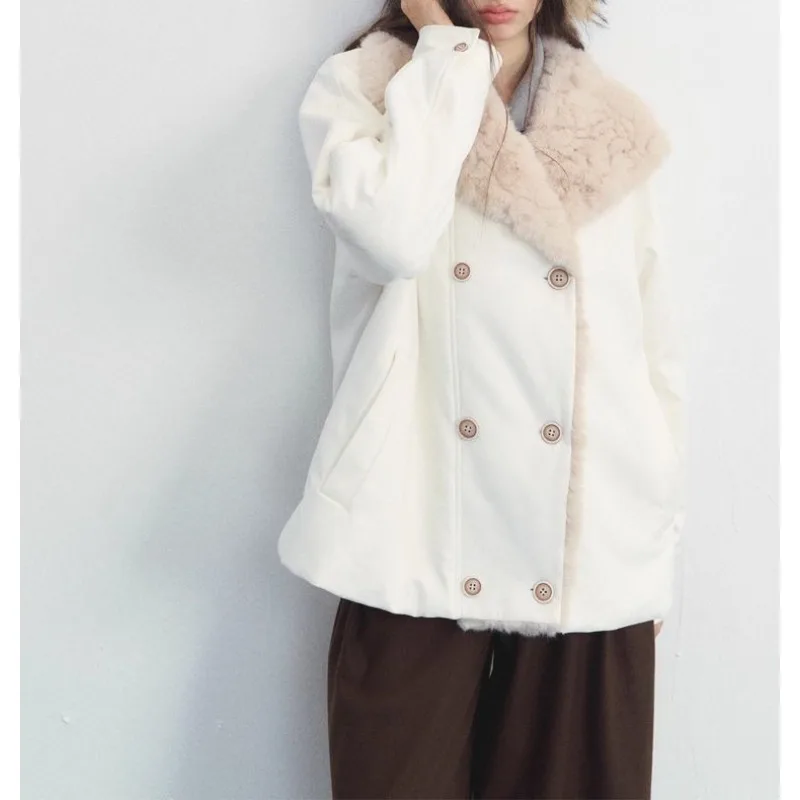 Large Lapel Double-breasted Fluffy Jacket for Women's 2025 Autumn and Winter New Niche Design Loose Plush Thickened Top