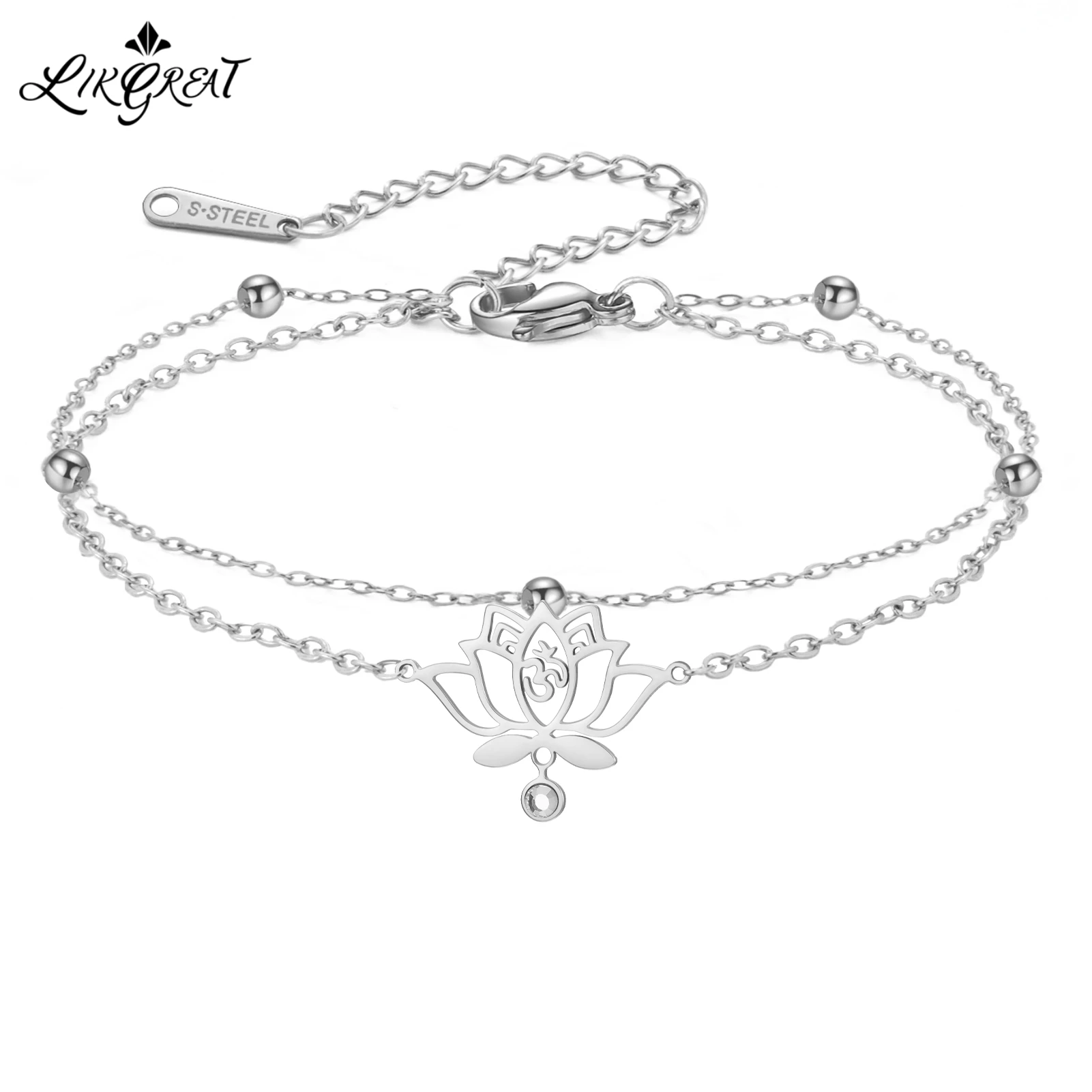 Likgreat Lotus-Anhänger-Armband, glänzendes Strass-Intarsien-Doppel-Loch-Charm-Armband, Edelstahl-Armband, Modeschmuck, Geschenk