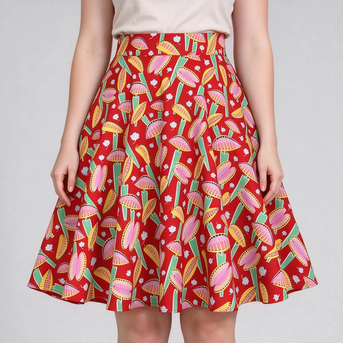 SISHION A Line Cotton Red Flower Print Women Skirt VD0020 High Waist 50s 60s Swing Vintage Summer Skirts Womens