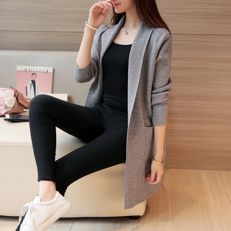 2022 Autumn Winter Long Cardigan Female Casual Women Pocket Cardigan Sweater Knitted Cardigans All-match for Women Jacket Tops