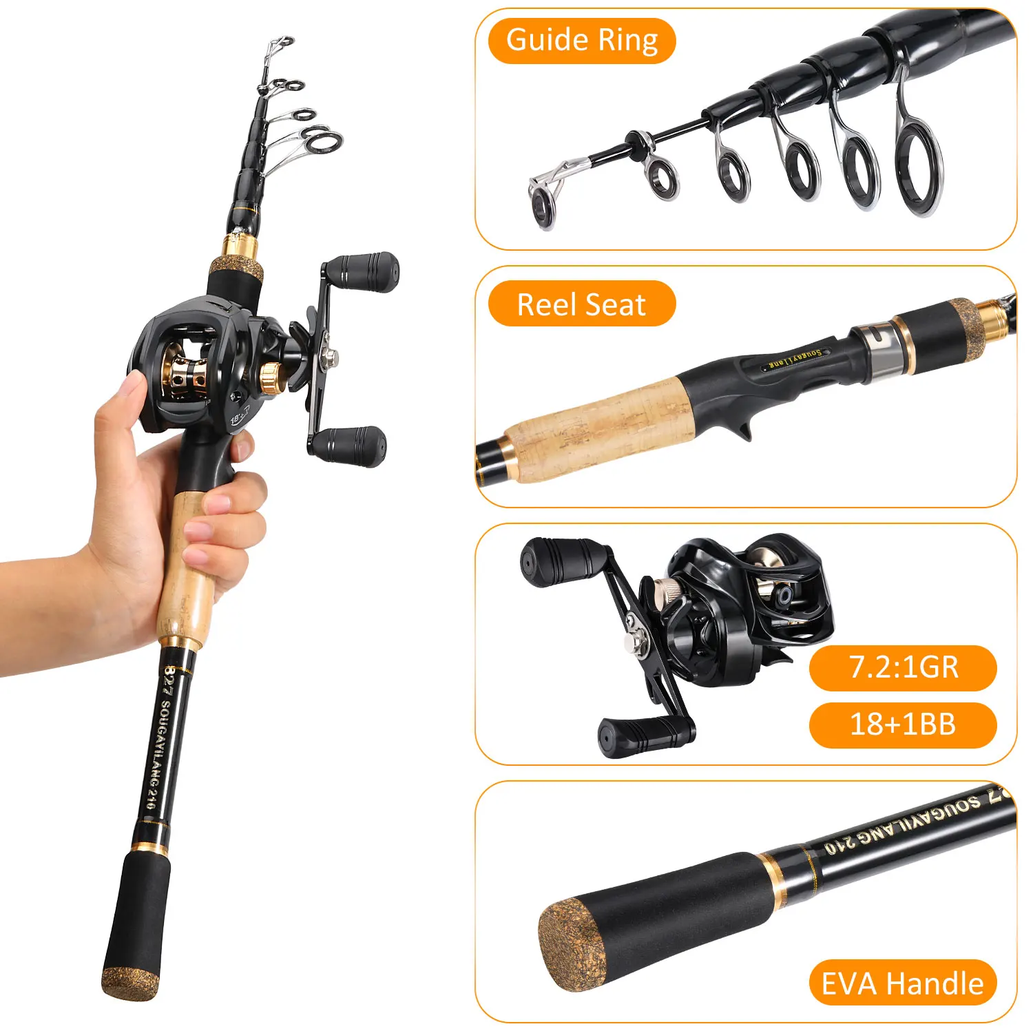 Sougayilang Baitcasting-Angelrute- und Rollen-Set, 1,6 m–2,1 m, Teleskop-Angelrutenrolle, Kombi-Komplettset, Angeltasche, Bass-Mist – Detail 6