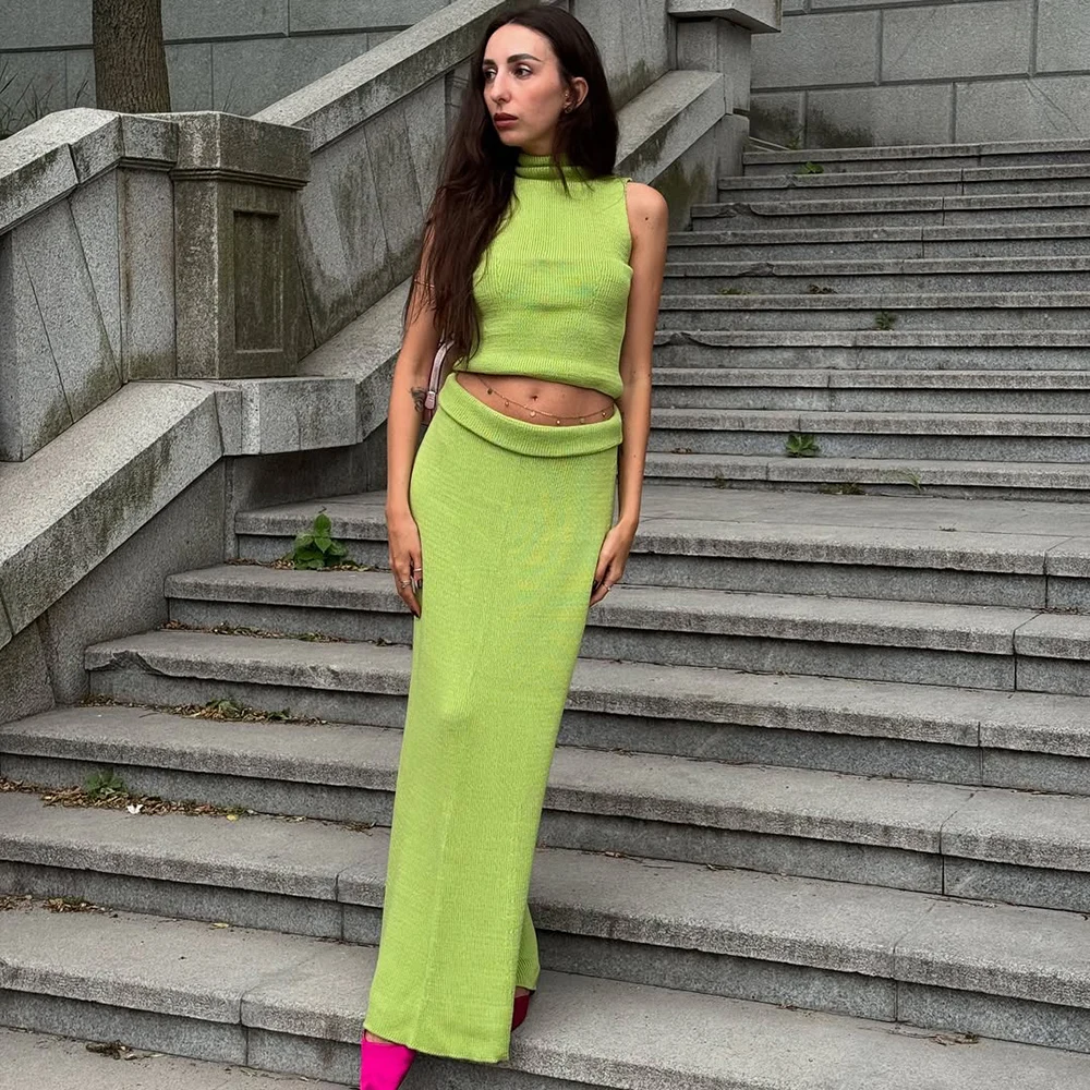 

Tuularose Spring Long Skirt Two Piece Women's Elegant Knit Sleeveless Vest Top Slim Long Skirt Set Casual Female Long Skirt Set