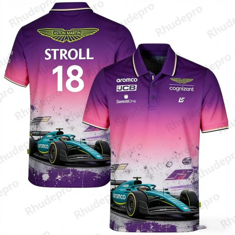 アストンマーティン-チーム-ストロール-18-f1-レーシングテーマ-半袖ポロシャツ-ファン向け-カジュアルスポーツウェア