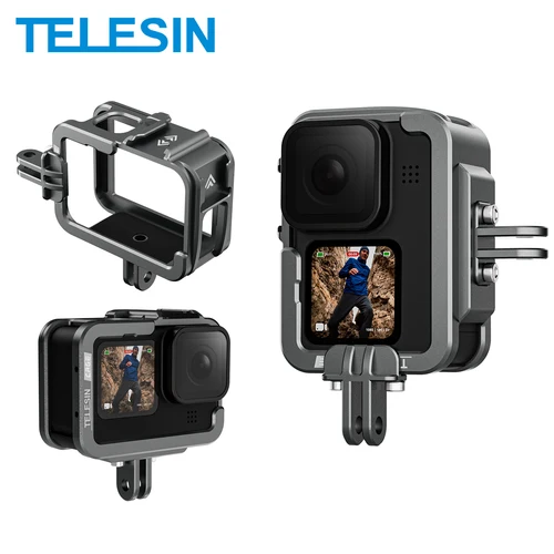 TELESIN-funda con marco de aleación de aluminio para GoPro 12 Hero 12 11 10 9, cámara de acción, carcasa protectora para Vlog, soporte para zapata fría