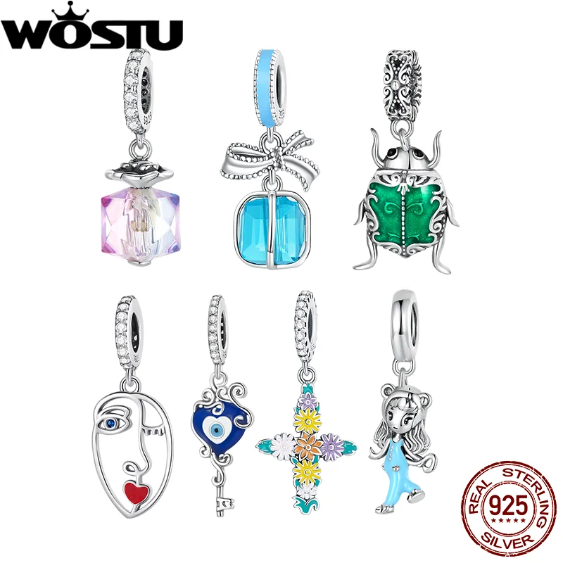 WOSTU Colorful Square Bowknot Crystal Charms Cross Demond Eye Pendants Fit Original Bracelet Necklace DIY Unique Jewelry Making