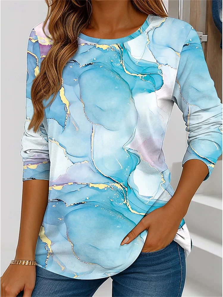 Autumn Women's Round Neck Long Sleeve Marble Pattern Fashion T-Shirt Street Style T-Shirt Elegant and Stylish Women's Top
