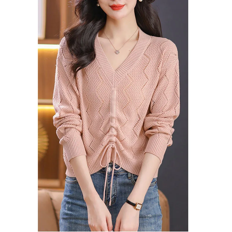 2024 Summer Thin Long Sleeve Hollow Out Pullover Top Women New V-neck Long Sleeve  Pull Jumpers Female Pullovers