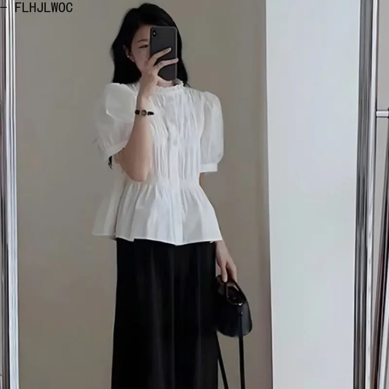 Hot Sales Peplum Korea Chic Tops Blusas Holiday Transparent Button White Shirt FLHJLWOC 2023 Design Women Blouses