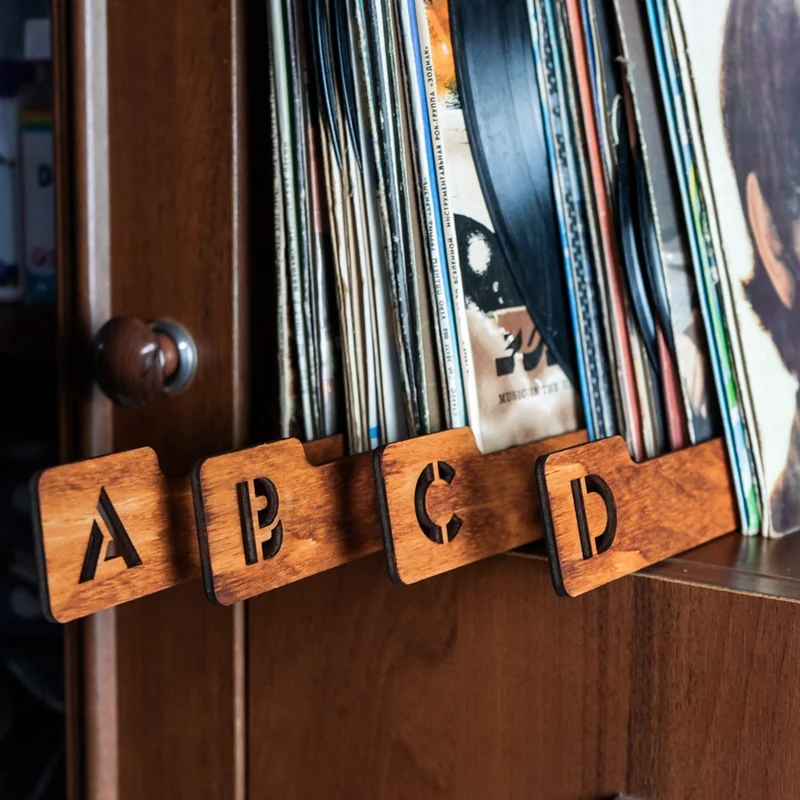 4PCS Wood Record Dividers, Alphabetical Vinyl Record Storage Dividers A-D, Record Holder Organizer Guides Durable Easy Install