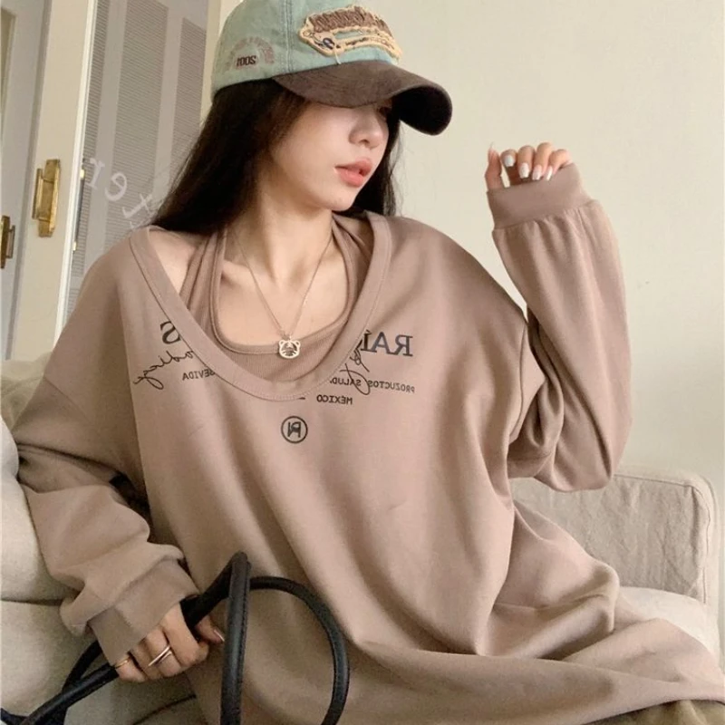 Y2K Two Pieces Set Oversized Shirts Women Fashion Long Sleeve Halter Letter Print Sweatshirt Ladies Casual Loose Harajuku Tops