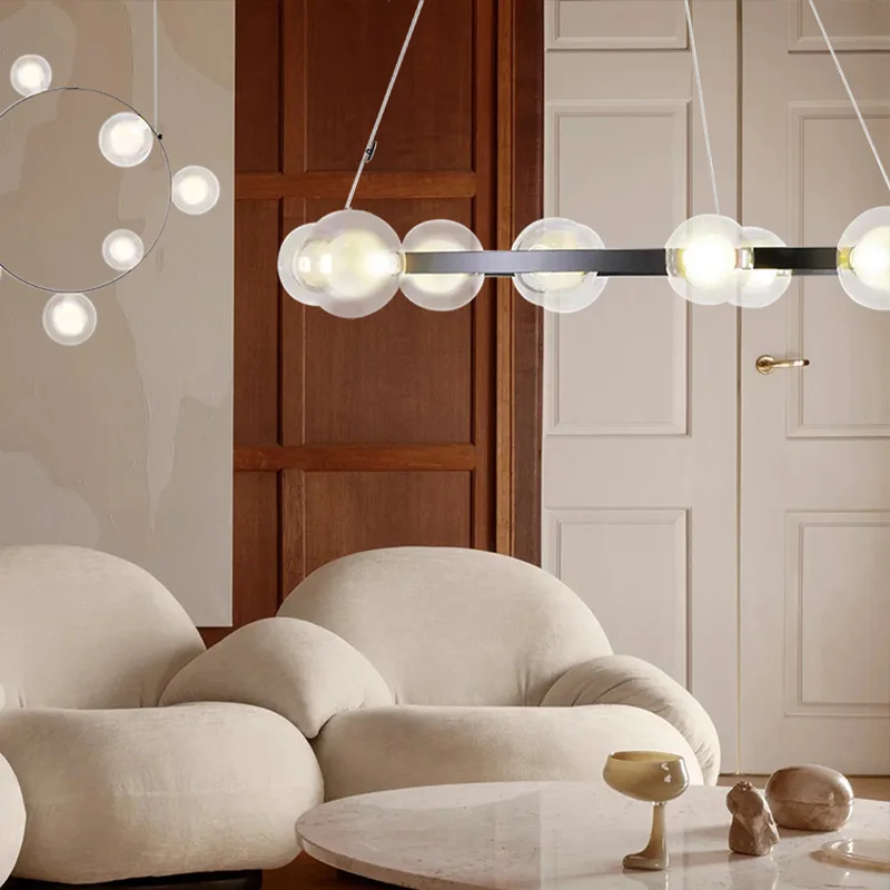 Nordic LED round glass ceiling chandelier, transparent bubble lampshade, suitable for living room, metallic lustre, dimmable
