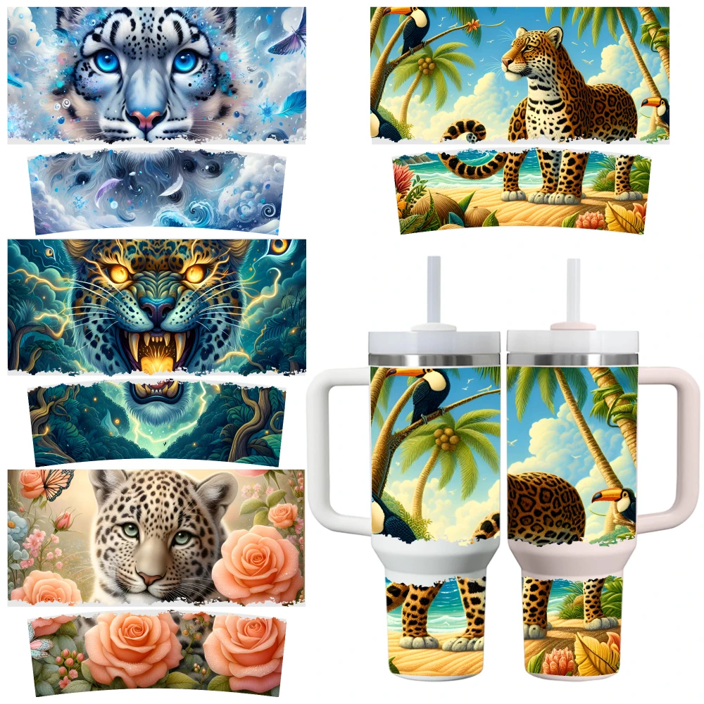 4 Sheets Leopard Jungle Tropical Rose Tiger Ocean UV DTF Stickers for 40oz Tumblers Tumbler Jars Wrap Transfer Paper Vinyl